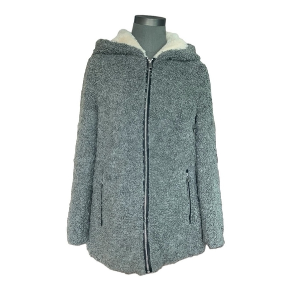 Women’s Jacket ZARA Trafaluc Grey Teddy Bear Wool Jacket Zip Front Hooded Jacket - Picture 2 of 7